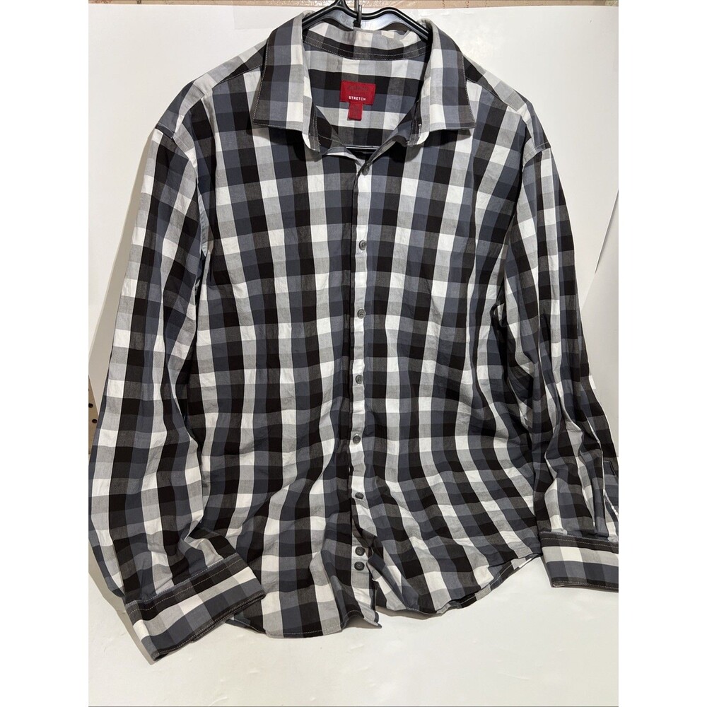 Alfani Mens XL Button Up Dress Shirt Black Grey White Checkered Stretch LS